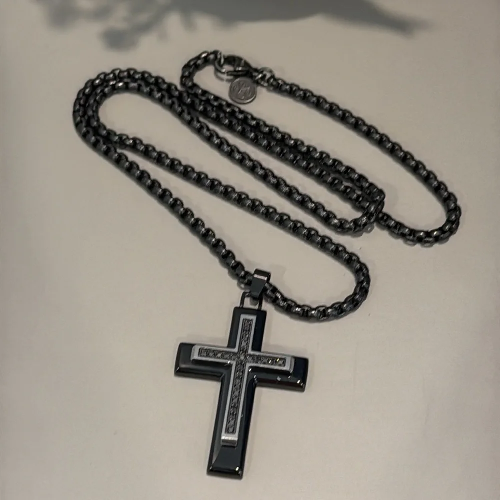 Esquire Black Diamond (1/4 ct. t.w.) Cross Necklace Black IP Stainless Steel